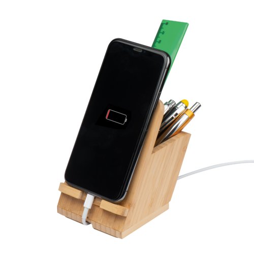 Heller Holz Stiftekcher mit integrierter Handyhalterung.
