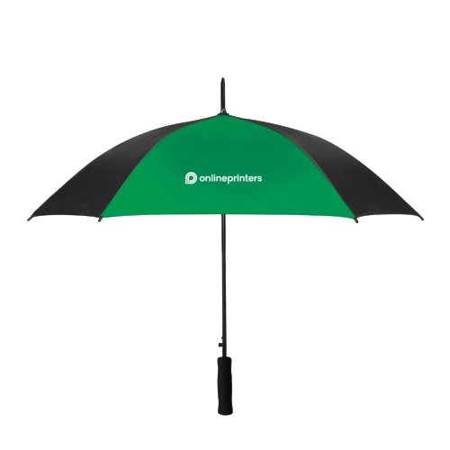 Mehrfarbiger Automatik-Regenschirm mit gebogenem Griff.