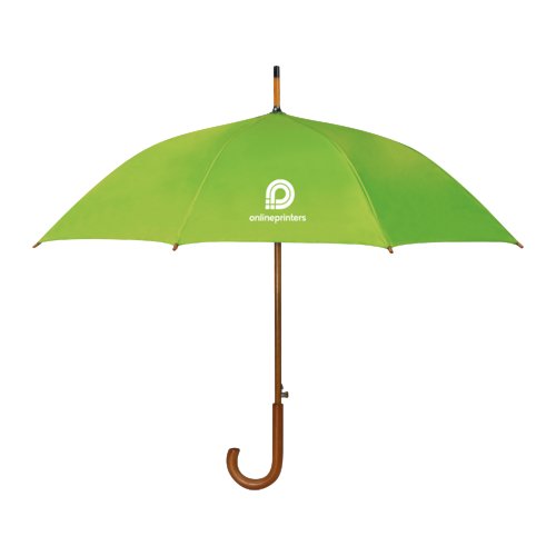 Grner Automatik-Regenschirm mit Holzgriff und Stock.