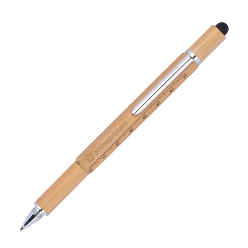 Holzfarbener Multifunktionsstift mit Touchpen-Funktion und Clip.