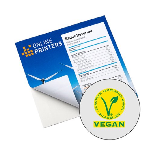 Weie Aufkleber aus veganem Material.