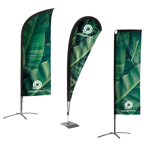 Stoff-Beachflag mit Mast und Fu in verschiedenen Formen.