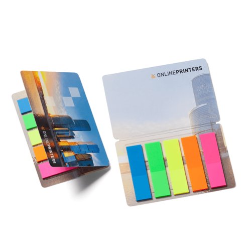 Haftmarker-Set mit verschiedenfarbigen Markern und Papierumschlag.