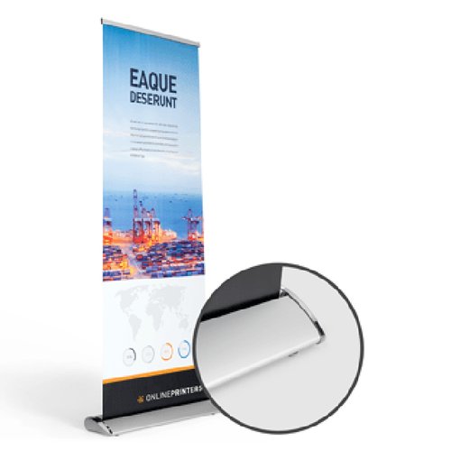 Roll-Up Display mit Aluminium-Kassette und ausziehbarem Mast.