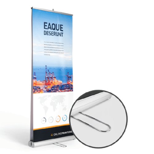 Rollup Display mit doppelseitiger Grafikflche und einfachem Aufrollmechanismus.