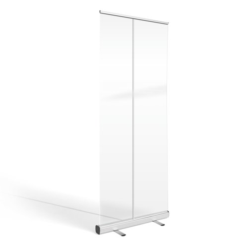 Klarer Roll-Up-Banner aus Kunststoff als mobile Trennwand.