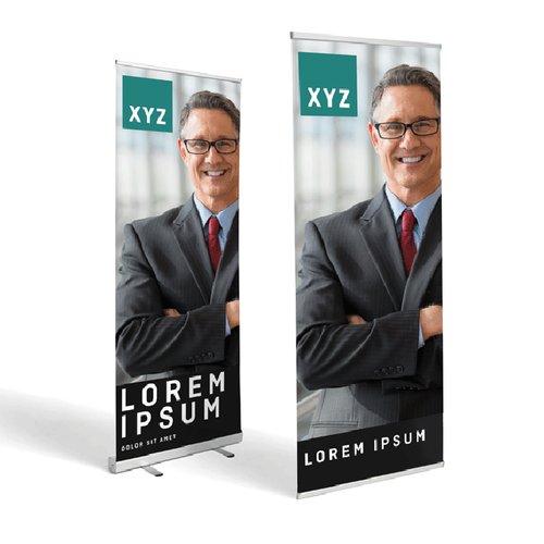 Roll-Up Display mit ausziehbarer Grafik und Standfu�.