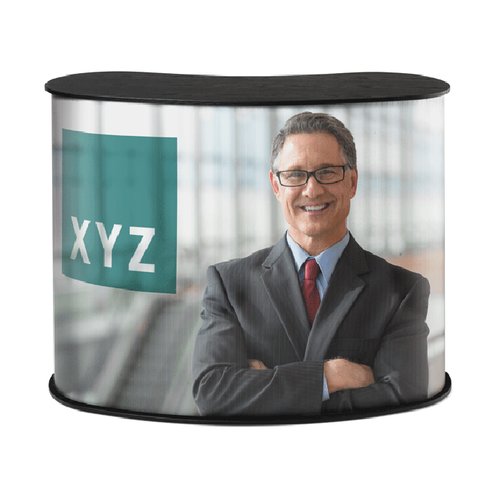 Werbestand aus Kunststoff in Zylinderform.