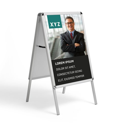 Silberner Gehwegaufsteller aus Metall mit Klapprahmen.