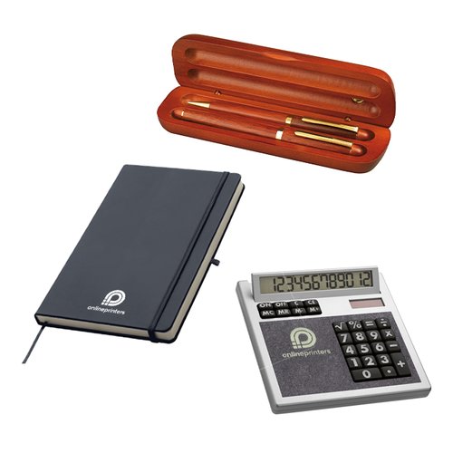 Werbeartikel-Set mit Notizbuch, Taschenrechner und Stiften.