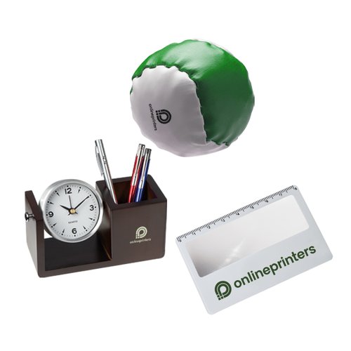 Schreibtischzubehr-Set mit Stifthalter, Uhr und Lupe.