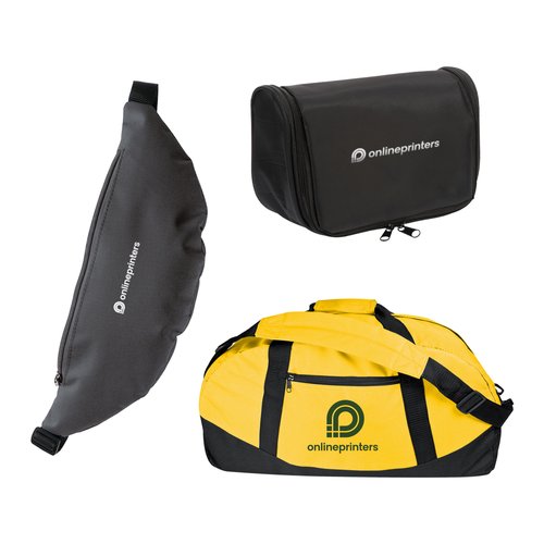 Reisetasche aus Stoff mit Reiverschluss und Tragegriffen.