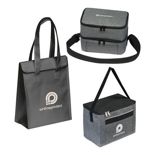 Graue Khltasche aus Stoff mit Reiverschluss und Tragegriff.