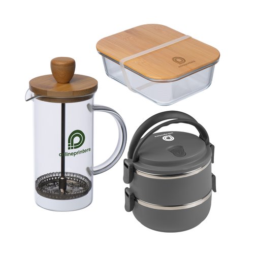 Kchenutensilien-Set, inklusive Kaffeebereiter, Lunchbox und Vorratsbehlter.