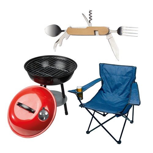Camping- und Grillzubehr-Set mit Grill, Stuhl und Multifunktionswerkzeug.