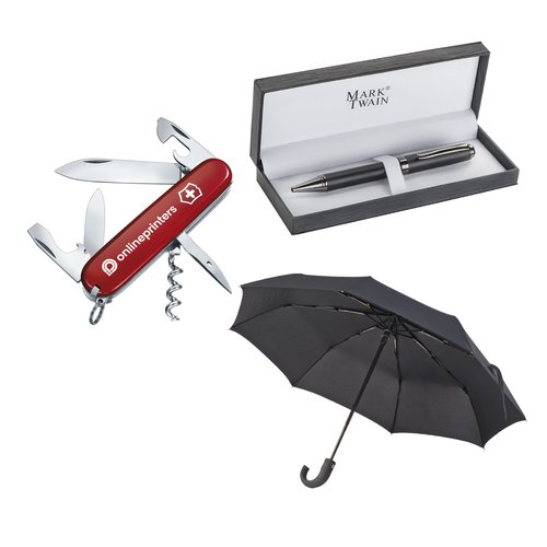 Premium Werbeartikel Set mit Kugelschreiber, Taschenmesser und Regenschirm.