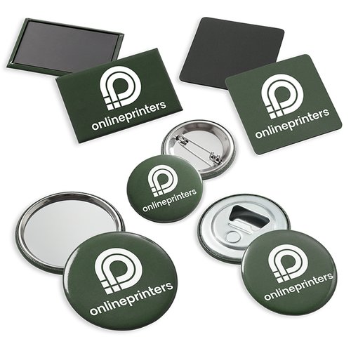 Buttons und Magnete in verschiedenen Formen und Ausfhrungen.