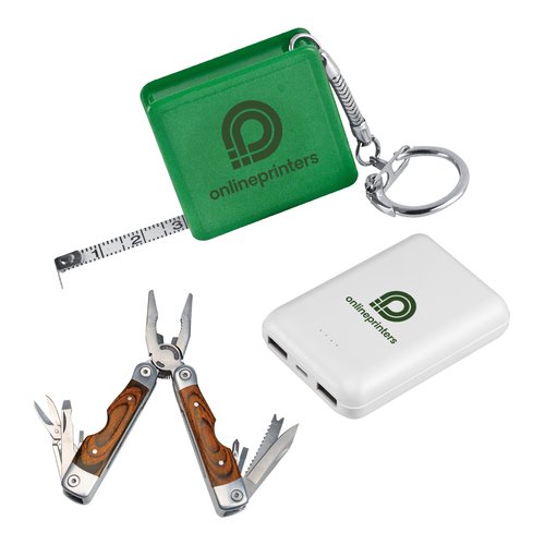 Werkzeug-Set mit Zollstock, Multifunktionswerkzeug und Powerbank.
