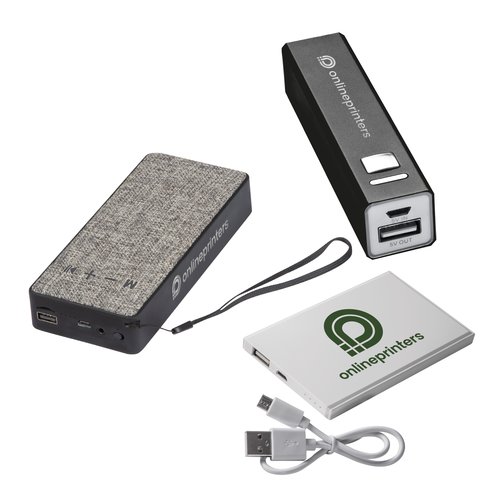 Tragbare Powerbanks in verschiedenen Farben und Formen mit Ladeanschluss.