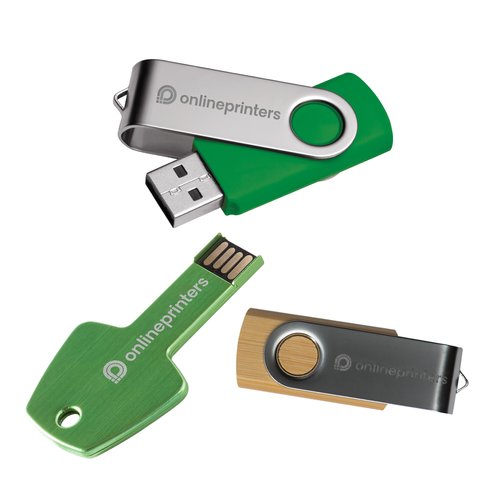 USB-Stick aus Kunststoff und Metall mit verschiedenen Gehuseformen.
