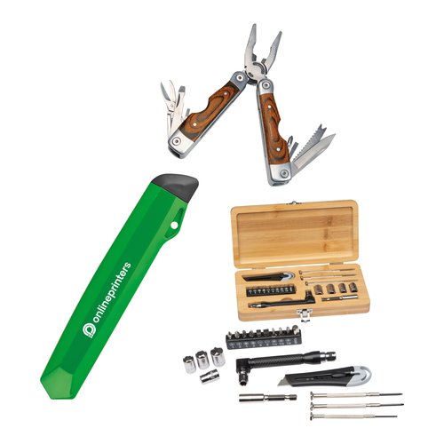 Multifunktionales Taschenmesser aus Metall mit verschiedenen Werkzeugen.