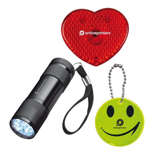 Lampe mit Reflektoren in Herz- und Kreisform, teilweise mit Schlsselanhnger.