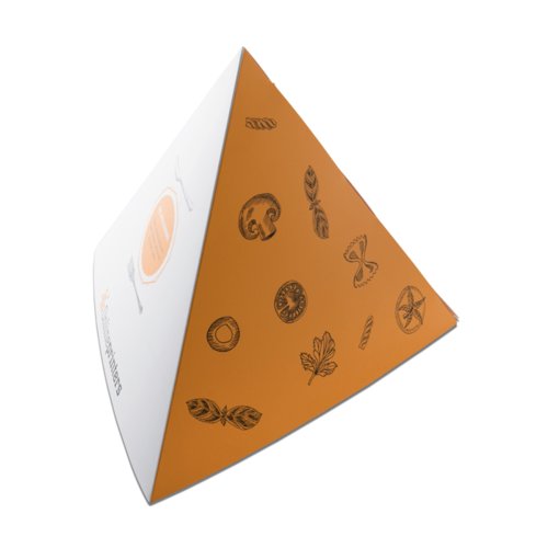 Orangefarbene Papier-Pyramide, dreieckig gefaltet.