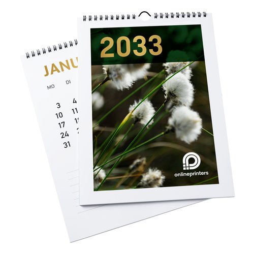 Goldfarbener Wandkalender mit Spiralbindung und Aufhngevorrichtung.