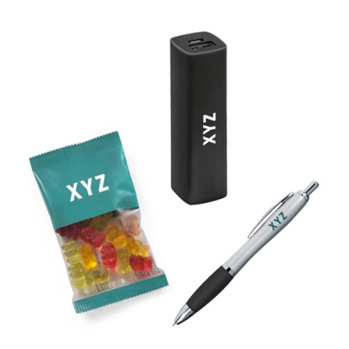 Werbeartikel-Set mit S��igkeiten, Kugelschreiber und Powerbank.