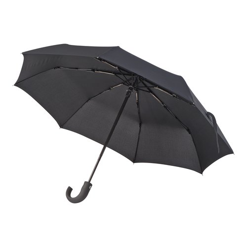 Schwarzer Regenschirm mit gebogenem Griff und Automatik.