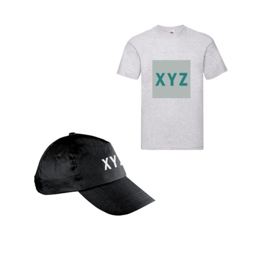 Textilien wie T-Shirts und Kappen aus verschiedenen Materialien.