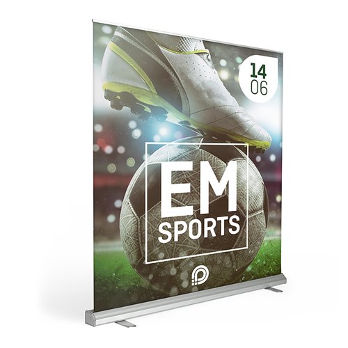 Roll-up Display mit ausziehbarer Halterung.