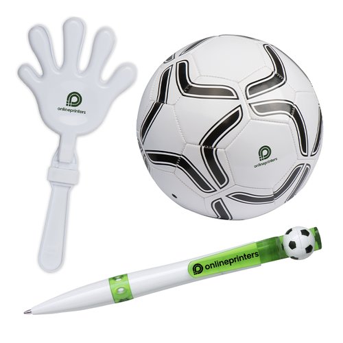 Sportartikel-Set mit Ball, Klatschhand und Kugelschreiber.