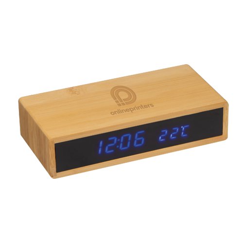 Helle Holz-Tischuhr mit Digitalanzeige.