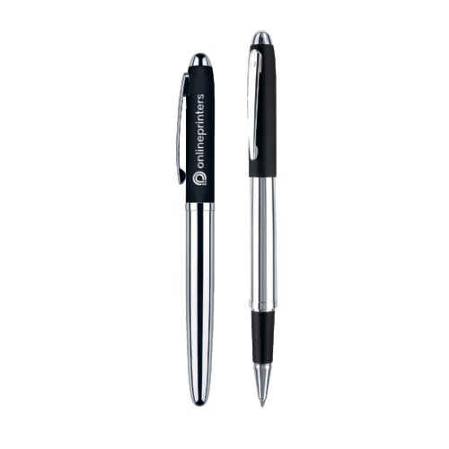 Soft-Touch Rollerball Stift mit Metallelementen und Clip.