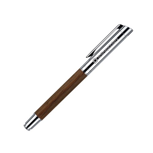 Holzfarbener Rollerballstift mit Metallelementen und Clip.