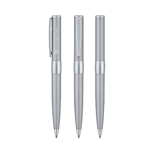 Silberner Metall-Kugelschreiber mit glnzender Oberflche und Druckmechanismus.