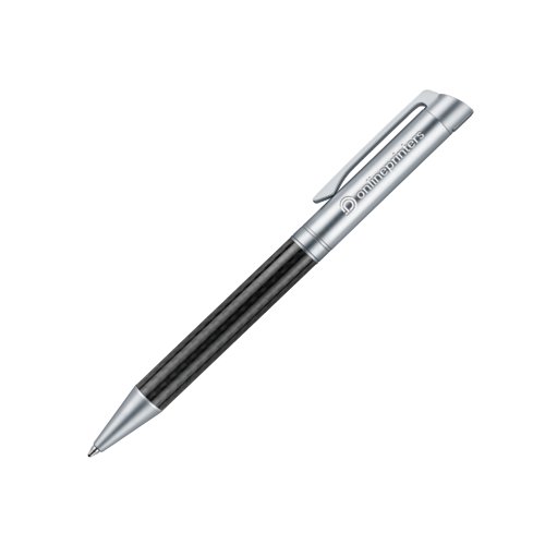 Metall-Kugelschreiber mit Carbon-Elementen, Clip und Druckmechanismus.
