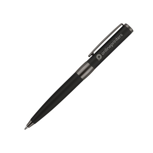 Schwarzer Drehkugelschreiber aus Kunststoff mit Metallelementen und Clip.