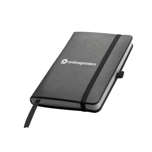 Schwarzes Notizbuch mit Gummiband und Leseband.