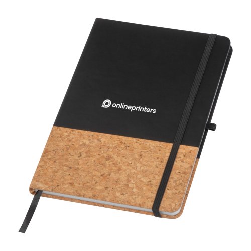 Schwarzes Notizbuch mit Kork-Akzent, Gummiband und Leseband.