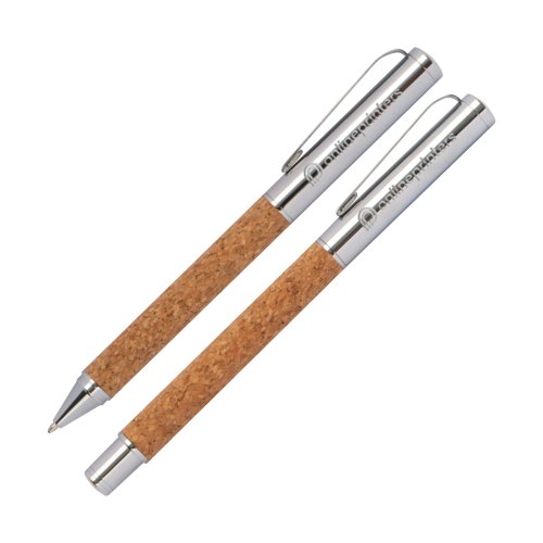Kork-Schreibset mit Kugelschreiber und Etui.