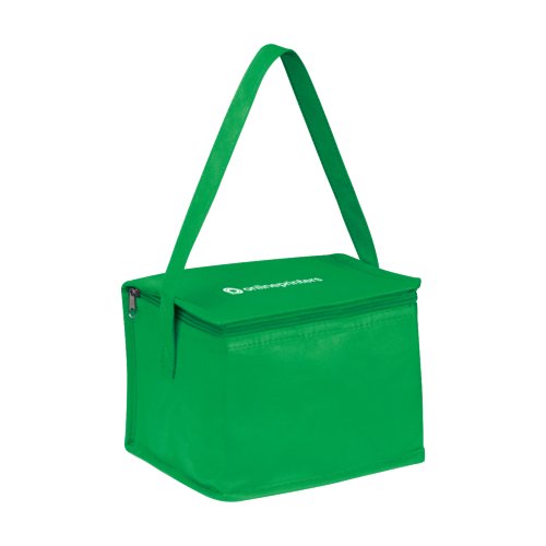 Grne Khltasche aus Vliesstoff mit Reiverschluss und Tragegriff.