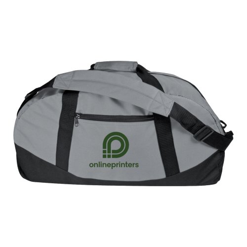 Graue Sport-Reisetasche aus Gewebe mit Tragegriffen und Reiverschluss.