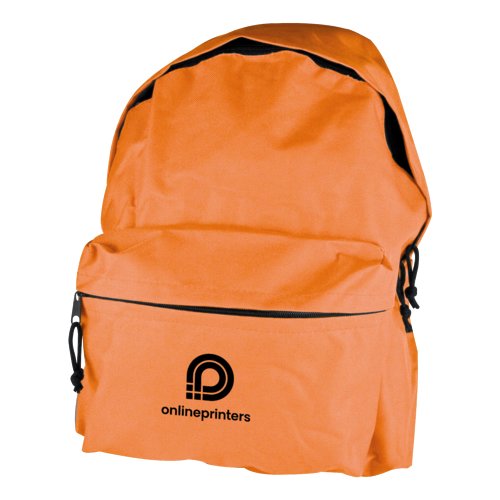 Orangefarbener Rucksack mit Reiverschlussfach.