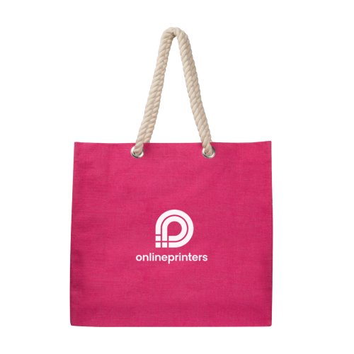 Pinke Jutetasche mit Kordelgriffen.