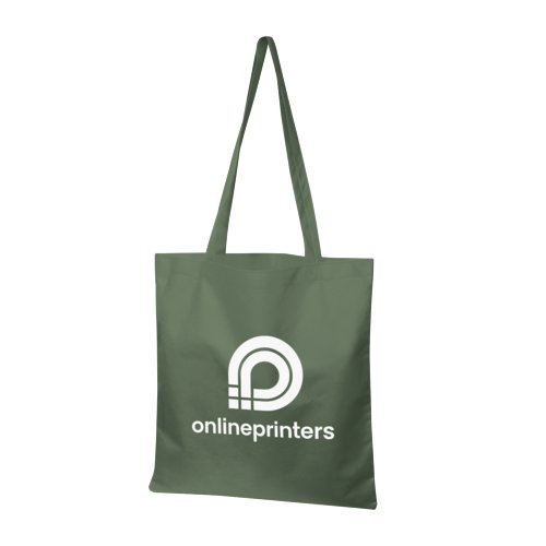 Grne Vliesstoff-Tasche mit Tragehenkeln.