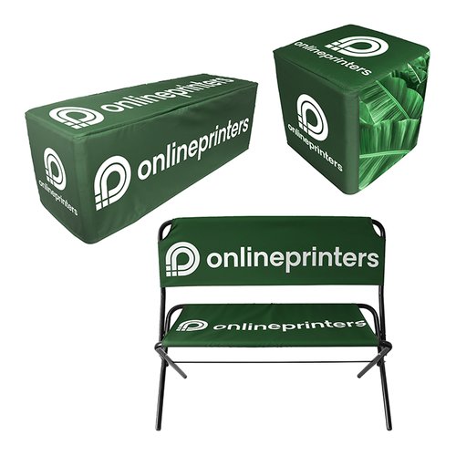 Grne Sitzwrfel und Bnke aus Stoff mit optionalem Metallgestell.