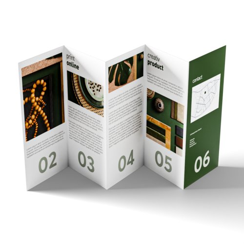 Ein 4-Bruch Zickzackfalzflyer im Hochformat mit 10 Seiten.