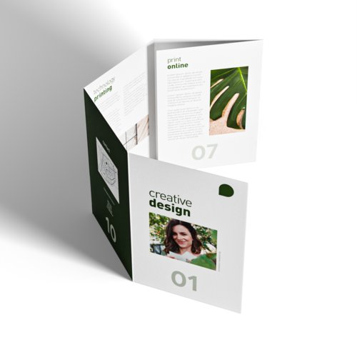 Ein 4-Bruch Wickelfalzflyer im Hochformat mit 10 Seiten.